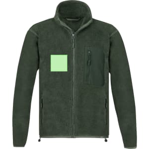 A green polar fleece jacket with a zippered pocket and a square patch on the front. It features a logo.