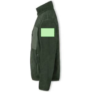 A green polar fleece jacket with a zip and a patch area on the sleeve. The jacket features a zippered pocket.