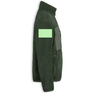 A polar fleece jacket in dark green with a logo and a patch on the upper arm.