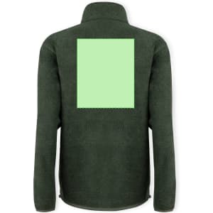 A green polar fleece jacket featuring a plain square area on the back and a collar. It includes a logo.