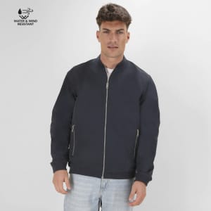 A dark blue jacket with a zip closure and side pockets. It features a branded logo and is water and wind resistant.