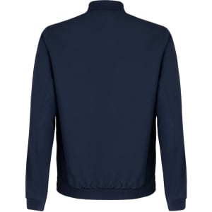 A back view of a navy blue jacket featuring a collar and elasticised waistband. It has a logo on the back.