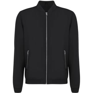 A black jacket with a zippered front and two zippered pockets on the sides. It features a round collar and a minimalist design.