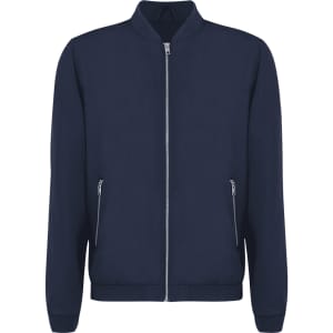 A navy blue jacket with a zip front and two zippered pockets, featuring a simple design and a collarless neckline.