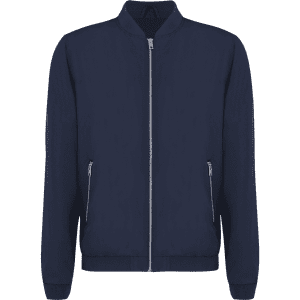 A navy blue jacket featuring a zippered front and two side pockets, with a simple design and a logo.