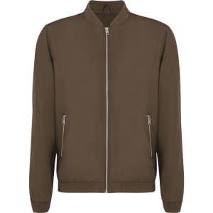 A brown jacket with a zip front and two side pockets, featuring a simple design and a collarless neckline.