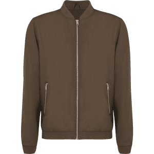A brown bomber jacket with a zip front and side pockets, featuring a sleek, minimalist design.