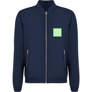 A navy jacket with a zip front and two side pockets, featuring a green square logo on the chest area.