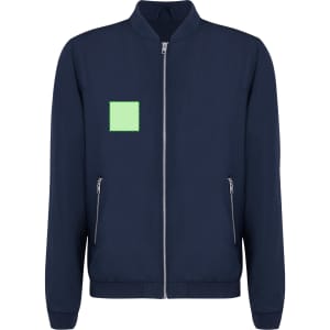 A navy blue jacket with a zip front, side pockets, and a green patch on the chest. It has a simple design and a collar.
