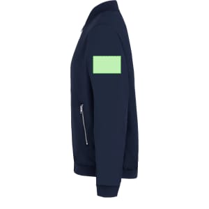 A navy jacket with a green patch on the sleeve and a zippered front.