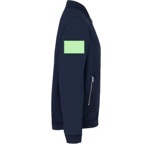 A navy blue jacket featuring a green patch on the sleeve and a side zip detail. It has a simple design.