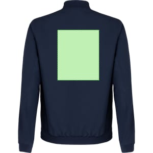 A navy blue jacket featuring a plain light green square on the back and a logo on the front.