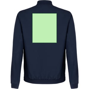 A navy jacket featuring a light green square on the back and a logos on the chest area.
