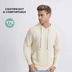 A light beige adult sweatshirt with a hood, featuring a front pocket and a logo.