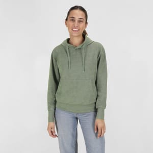 A green hoodie displayed on a model, featuring a front pocket and adjustable drawstrings. It has a logo.