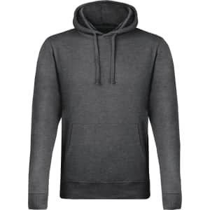 A dark grey hoodie featuring a front pocket and drawstring hood. It also has a logo on it.