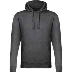 A dark grey hoodie with a front pocket and drawstring hood. It features a small logo.