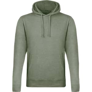 A green adult sweatshirt with a hood and front pocket. It features ribbed cuffs and a branding logo.