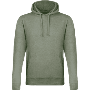 A green hooded sweatshirt with a front pocket and a drawstring hood. It features a logo.