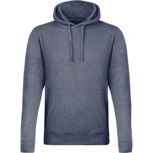 A grey adult sweatshirt featuring a hood and a front pocket; includes a logo.