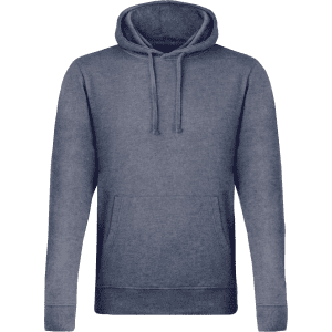 A navy adult sweatshirt with a hood and a front pocket, featuring a logo.