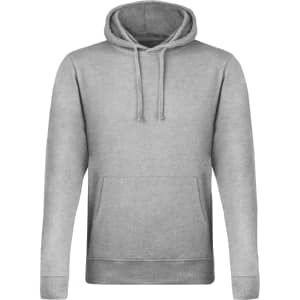 A grey adult hoodie featuring a front pocket and a drawstring hood, with a logo on the chest area.