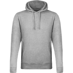 A grey adult sweatshirt with a hood, featuring a front pocket and an attached brand logo.