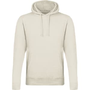 A beige adult sweatshirt with a hood and a front pocket, featuring a logo on the chest area.