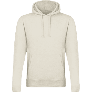 A cream-coloured hoodie featuring a front pocket and a hood, with a logo present.