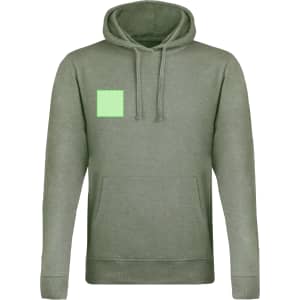 A green adult sweatshirt featuring a front pocket and a logo on the chest area.