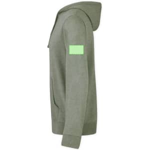 An olive green adult sweatshirt features a hood and a logo on the sleeve. It includes a front pocket and long sleeves.