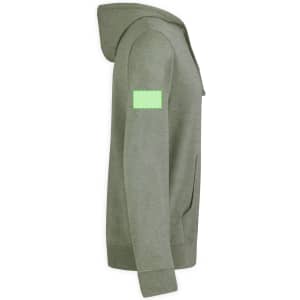 A green adult sweatshirt with a hood, featuring a side view and a patch area on the sleeve.