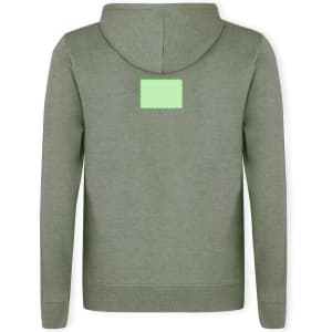 A green adult sweatshirt featuring a hood and a blank logo area on the back.