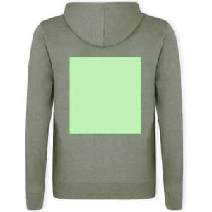 A green adult sweatshirt with a hood and a blank square area on the back. It features a brand logo.