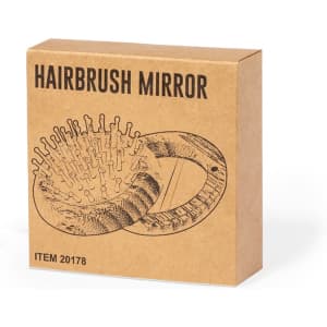 A brown cardboard box featuring an illustration of a hairbrush with a mirror, labelled "Hairbrush Mirror".