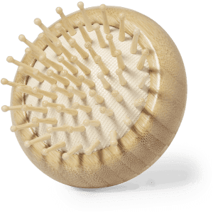 A circular hairbrush in a natural wood finish, featuring soft bristles and a mirror on the back.
