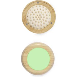 A wooden hairbrush with a textured gripping surface and a mirror on the opposite side, featuring a natural finish.