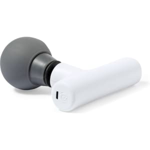 A white and grey massager with a rounded head and a sleek handle, featuring a power button and charging port.