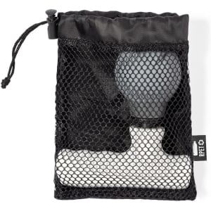 A massager in a black mesh pouch, featuring a grey and white design. The pouch has a drawstring closure.