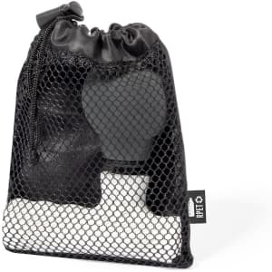 A black and white Wally Massager inside a mesh storage bag with a drawstring closure.
