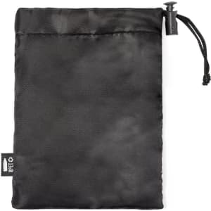 A black pouch with a drawstring closure and a tag, made of smooth fabric.
