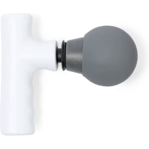 A grey and white massager featuring a T-shaped handle and a round massage head. It has a simple, ergonomic design.