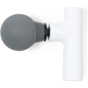 A grey and white massager with a spherical head and a textured grip handle. It has a simple, ergonomic design.