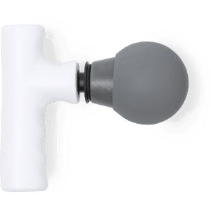 A grey ball and white handle massager with a logo, designed for personal health and wellness use.