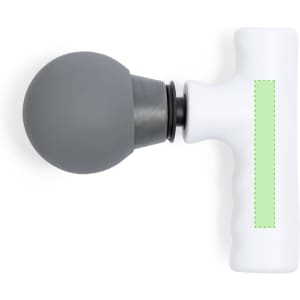 A handheld massager with a grey round head and a white textured handle, featuring a discreet logo.