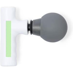 A white and grey massager with a spherical attachment and a textured handle, featuring a green accent.