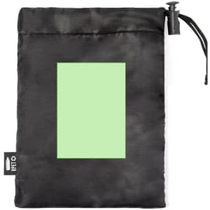 A black pouch with a green square in the centre and a drawstring closure. It features a logo tag.