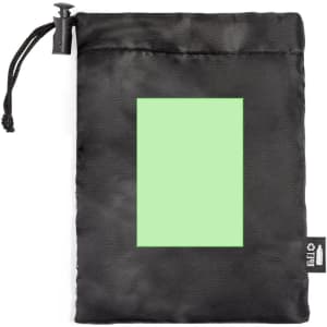A black pouch with a drawstring, featuring a green rectangular area on the front and a branding label on the side.