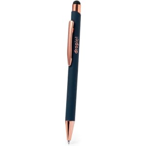 A dark blue stylus touch ball pen with a shiny rose gold clip and tip. It features a logo on the barrel.