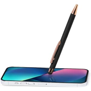 A black stylus touch ball pen with a rose gold accent resting on a smartphone screen. The pen features a sleek design.